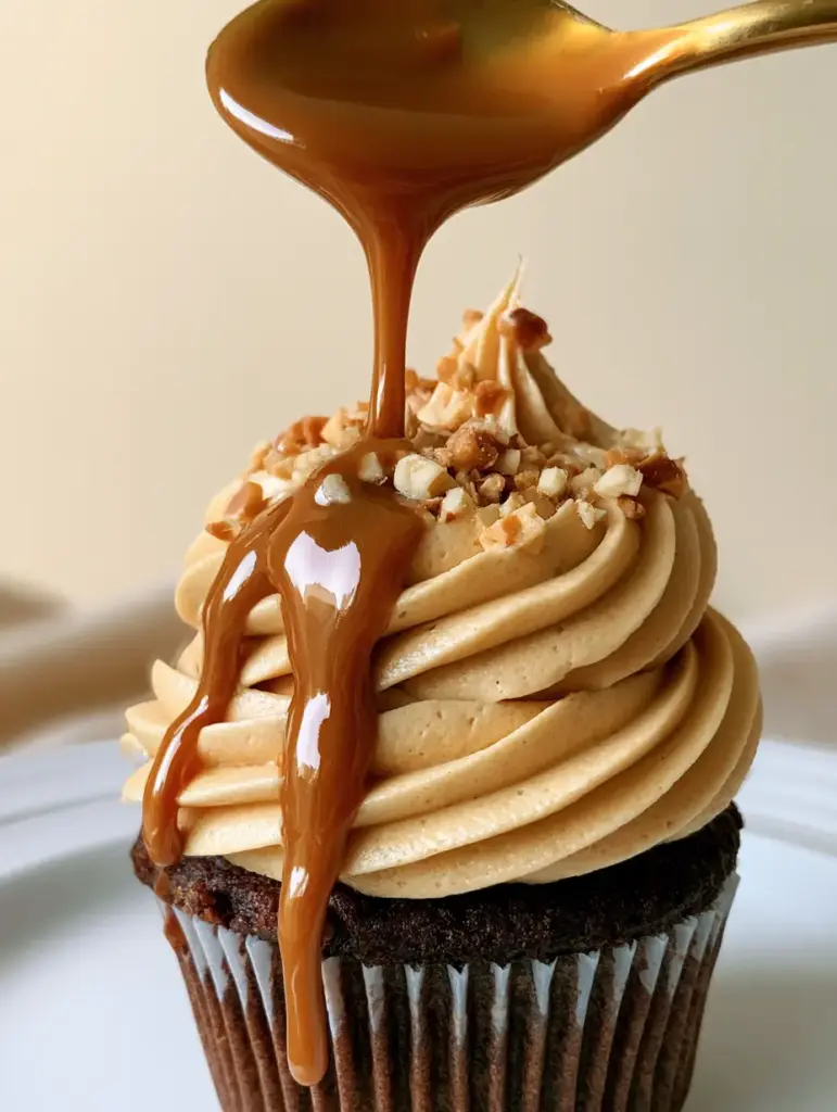 Close-up macro focus on airy, whipped peanut butter frosting with slow-dripping glaze. (peanut butter frosting)