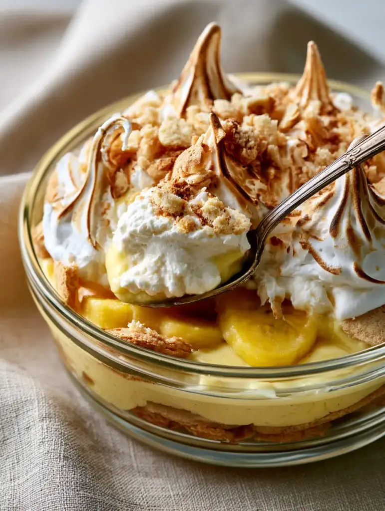 Homemade Banana Pudding with Toasted Meringue Peaks 1 Overhead view of homemade banana pudding showing the golden-brown toasted meringue peaks and crushed vanilla wafer crumbs on a beige linen background.