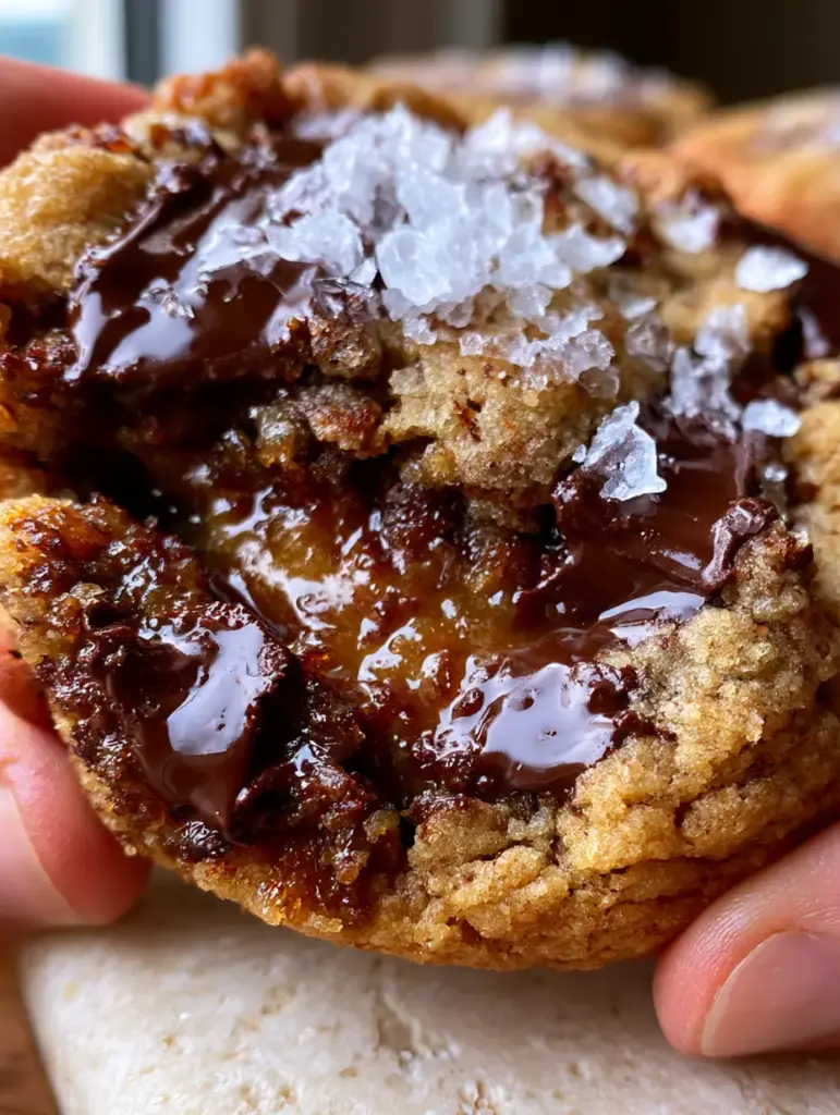 Extreme close-up of a molten liquid caramel center stretching between two cookie halves.
