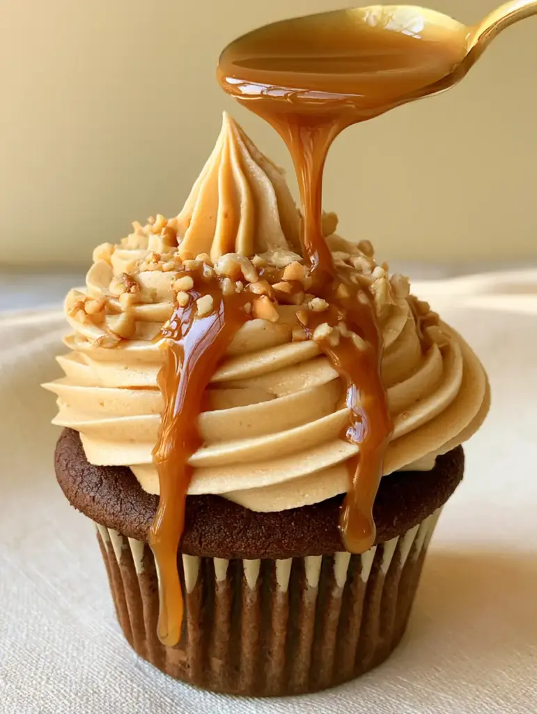 Peanut Butter Frosting: How to Make the Ultimate Airy Whipped Buttercream 1 A gold spoon drizzling warm peanut butter glaze over a towering cupcake swirl.