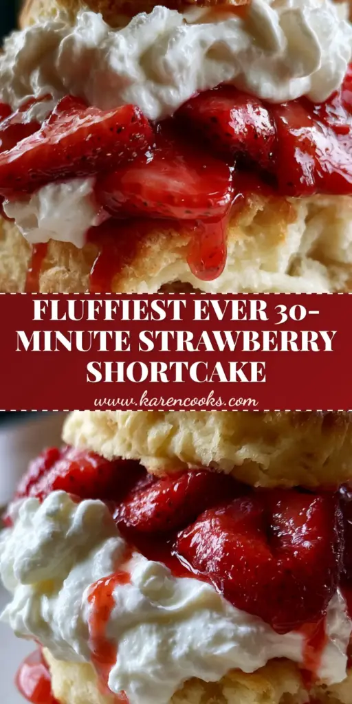 A macro side-profile of a homemade strawberry shortcake with a tall buttermilk biscuit stack, billowy whipped cream, and glistening macerated strawberries.