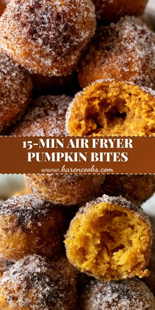 A stack of air-fried pumpkin donut holes in a ceramic bowl with one torn open to reveal a moist orange interior.