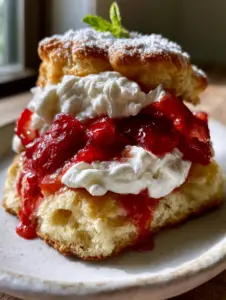 Close-up of a golden-brown buttermilk biscuit split open to show a fluffy steaming interior for homemade strawberry shortcake.