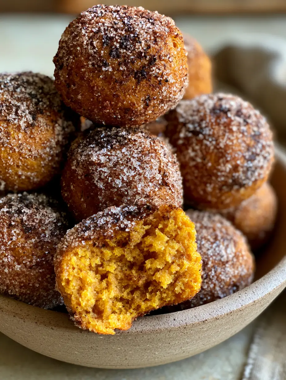 Macro close-up of golden-brown pumpkin donut holes covered in coarse cinnamon sugar.