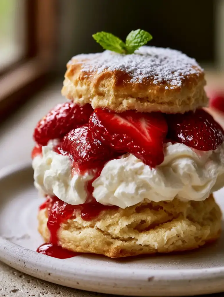 Side view of strawberries in a glossy glaze dripping down a biscuit in a homemade strawberry shortcake assembly.