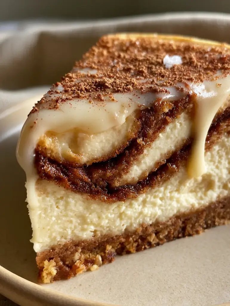 High-angle shot of a Cinnamon Bun Cheesecake slice with Liquid Gold cream cheese glaze mid-drip on a matte cream ceramic plate.