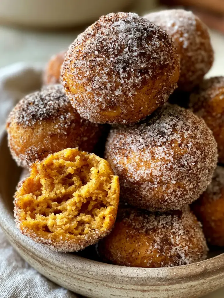 A torn pumpkin donut hole revealing a vibrant orange fluffy interior with steam rising.