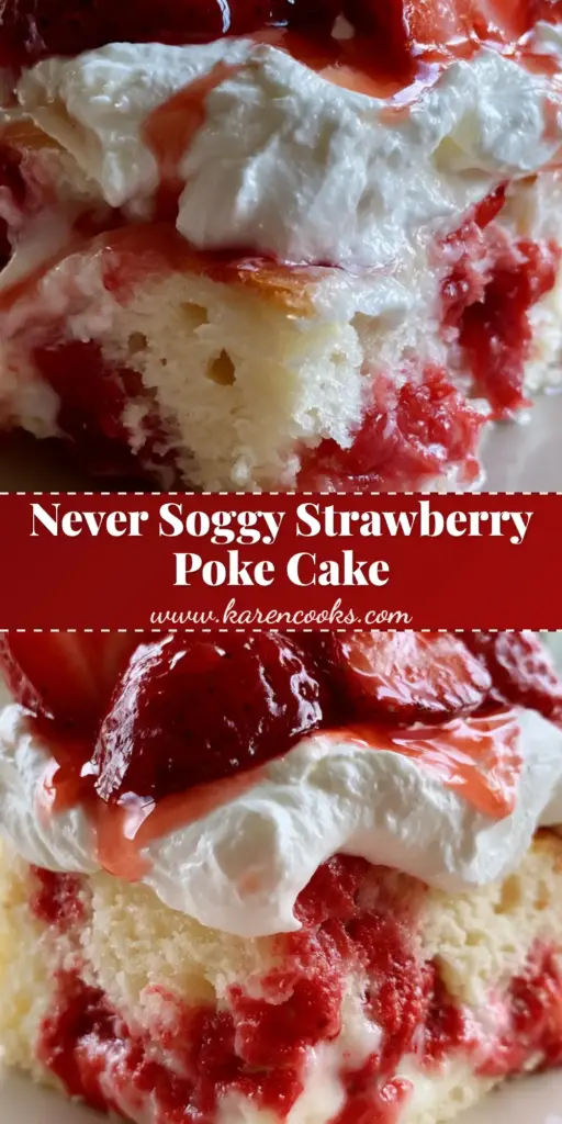 Strawberry Poke Cake with Fresh Puree and Pillowy Whipped Cream 4 A close-up vertical shot of a strawberry poke cake slice with fresh strawberries and whipped cream. (strawberry poke cake)