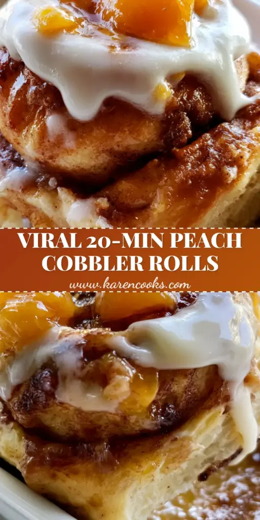 A close-up shot of fluffy peach cobbler cinnamon rolls in a ceramic pan with bubbling peach syrup and a thick cream cheese glaze drip.