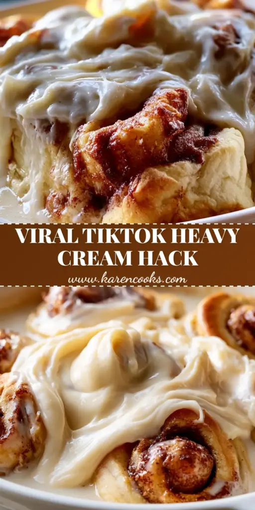 TikTok Cinnamon Rolls: The Ultimate Heavy Cream Viral Recipe Hack 4 A stack of jumbo TikTok cinnamon rolls in a ceramic dish with melting cream cheese glaze and deep-amber swirls.