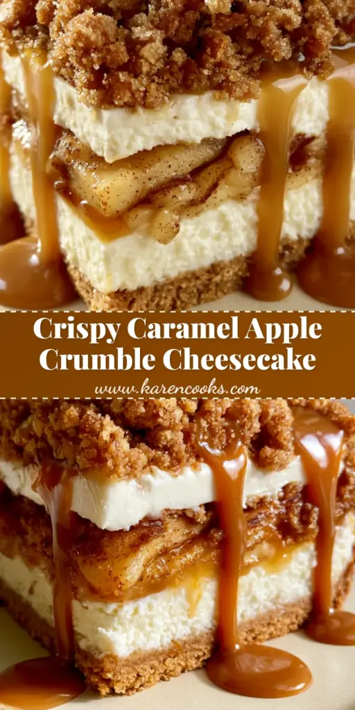 Apple Crumble Cheesecake with Warm Glossy Caramel Drizzle 4 A thick, decadent slice of apple crumble cheesecake featuring a golden-brown graham cracker crust, velvety white cream cheese, and a crunchy brown sugar topping with caramel drizzle.