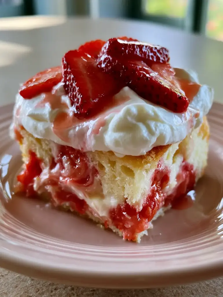 Strawberry Poke Cake with Fresh Puree and Pillowy Whipped Cream 2 A handheld smartphone photo of a perfect slice of strawberry poke cake showing red puree swirls and thick whipped cream. (strawberry poke cake)