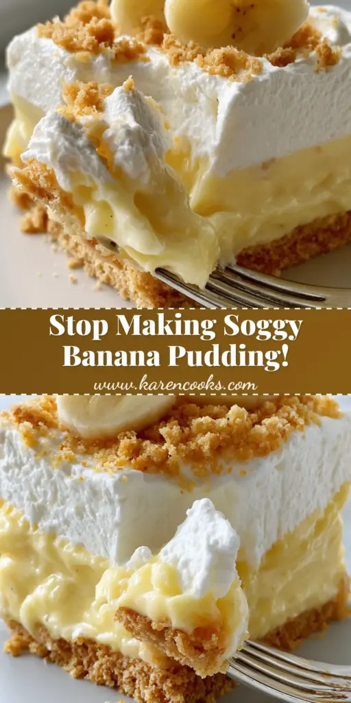 Banana Pudding Lush: The Ultimate Layered No-Bake Dessert 4 A tall square slice of Banana Pudding Lush showing distinct layers of vanilla wafer crust, yellow pudding, and white whipped cream with banana garnishes.