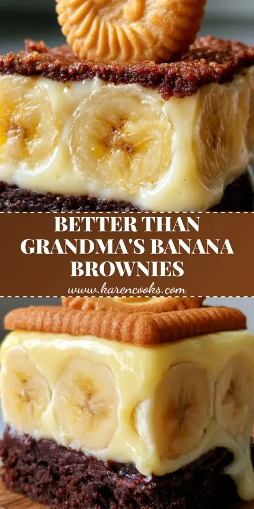 A thick, square-cut stack of Banana Pudding Brownies with a fudgy chocolate base, creamy pudding layer, and a Chessmen cookie on top.