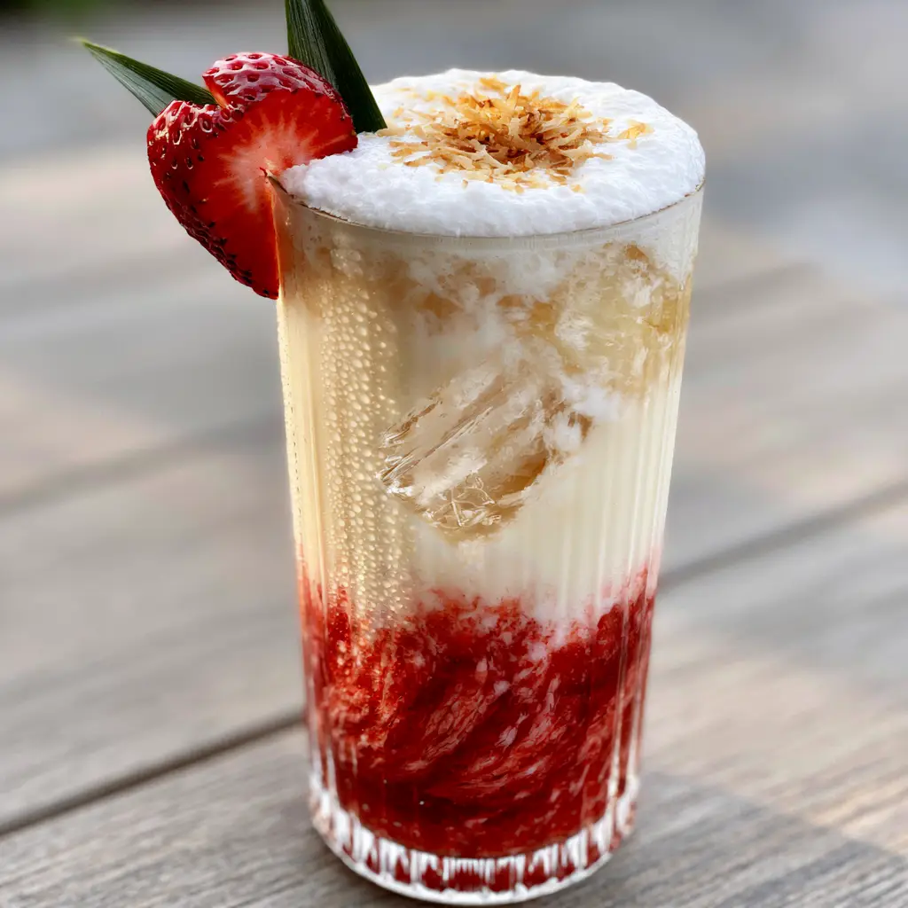 Strawberry Piña Colada Punch with Vibrant Crimson Swirls 2 A vertical handheld photo of the Strawberry Piña Colada Punch showing condensation on a ribbed glass during golden hour.