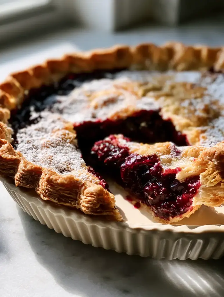 Easy Pie Recipes: The Ultimate Glossy Deep-Red Cherry Pie 2 A freshly baked cherry pie with a flaky golden crust and a glossy dark-red filling (easy pie recipes).