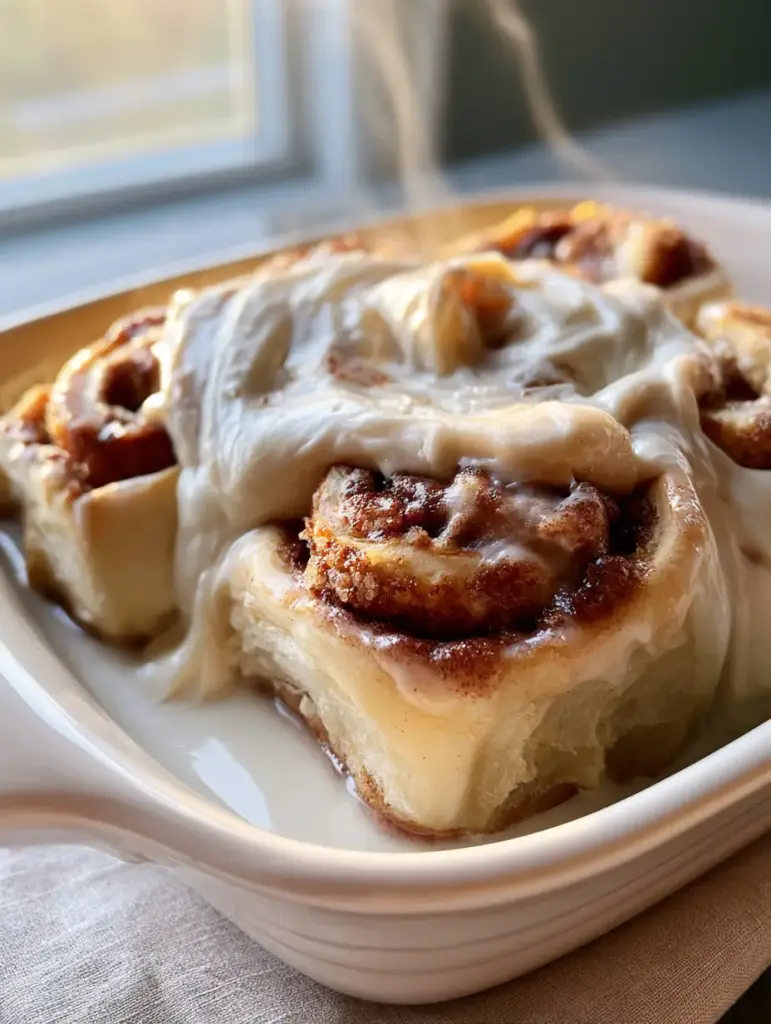 Extreme close-up of TikTok cinnamon rolls overflowing with cream cheese frosting and steam rising.