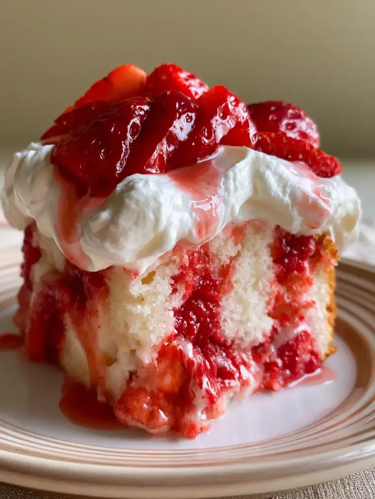 Strawberry Poke Cake with Fresh Puree and Pillowy Whipped Cream 1 A slice of strawberry poke cake on a ceramic plate under natural light.