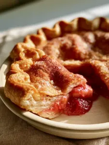 A clean slice of strawberry rhubarb pie showing paper-thin buttery laminated layers in a ceramic dish. (pie recipes)