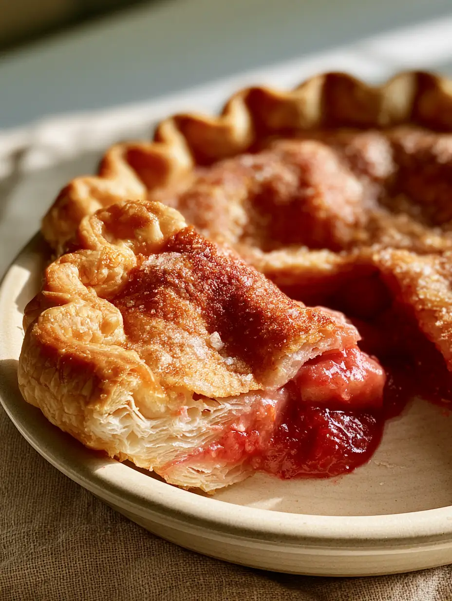 A clean slice of strawberry rhubarb pie showing paper-thin buttery laminated layers in a ceramic dish. (pie recipes)