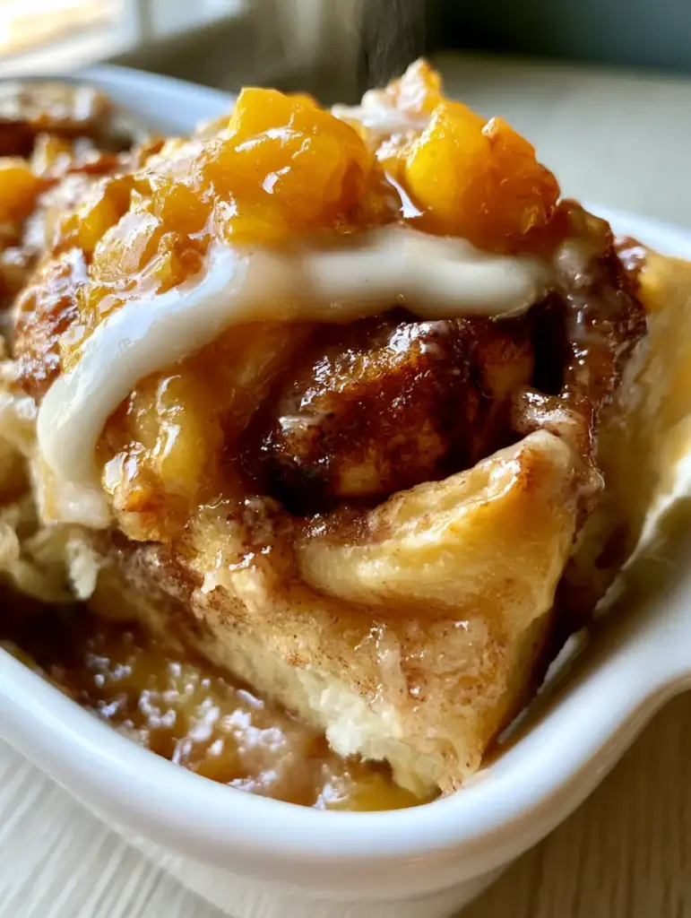 Saturated cinnamon roll dough with heavy cream soak and melting white cream cheese glaze. (peach cobbler cinnamon rolls)