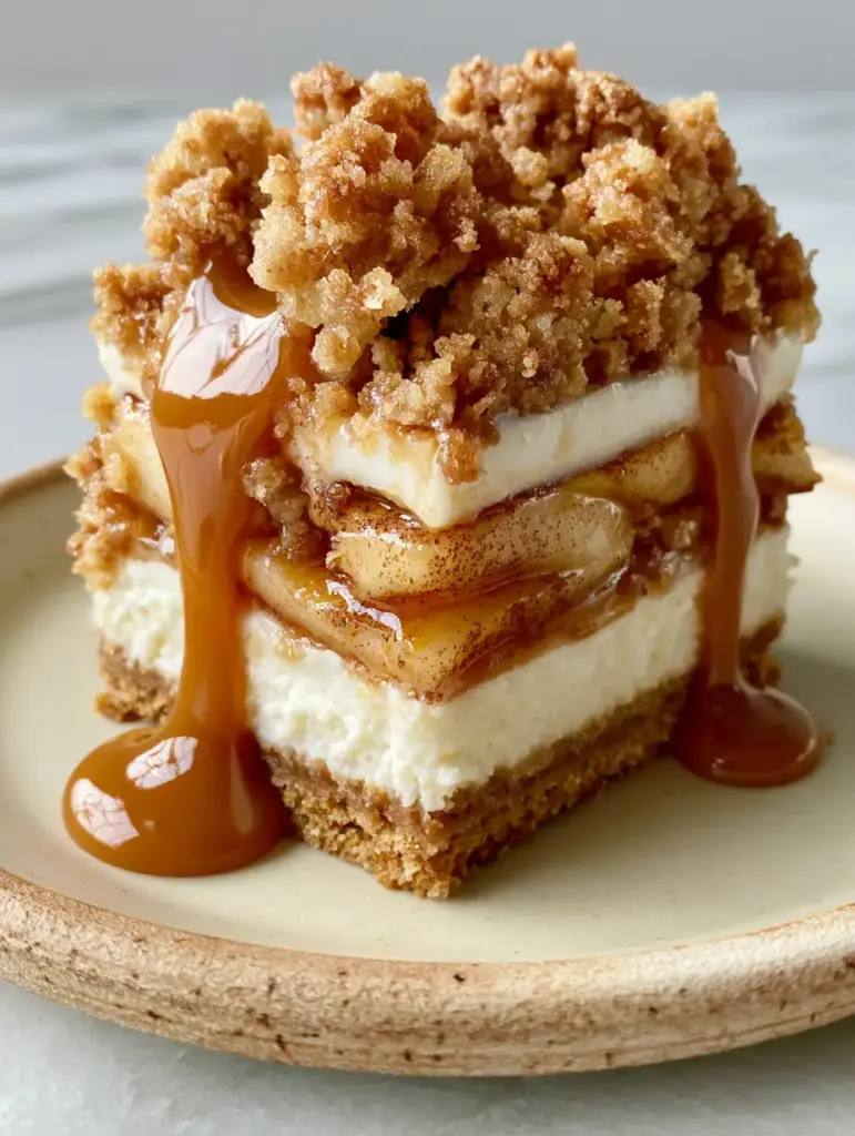 Smartphone photo of a single thick slice of caramel apple crumble cheesecake on a rustic plate, highlighting the immaculate physical layers.