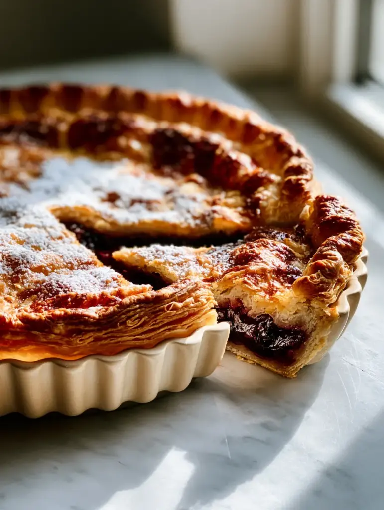 Easy Pie Recipes: The Ultimate Glossy Deep-Red Cherry Pie 1 A single slice of cherry pie being pulled out to reveal bubbling glossy filling, highlighting easy pie recipes.
