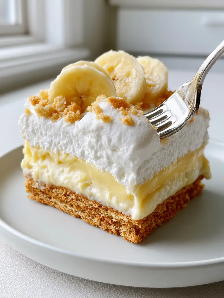 Banana Pudding Lush: The Ultimate Layered No-Bake Dessert 3 Close-up eye-level shot of a Banana Pudding Lush square slice on a white plate with a silver fork lifting a bite.