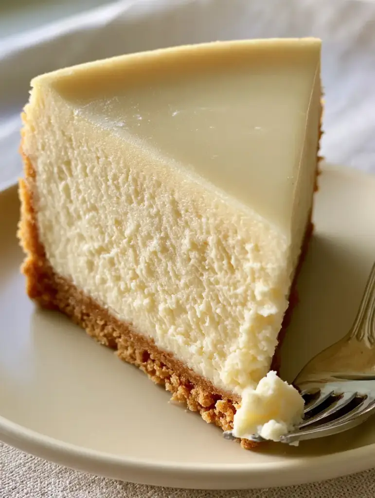 A silver fork taking a bite out of a tall cheesecake slice with a perfectly golden-brown graham cracker crust.