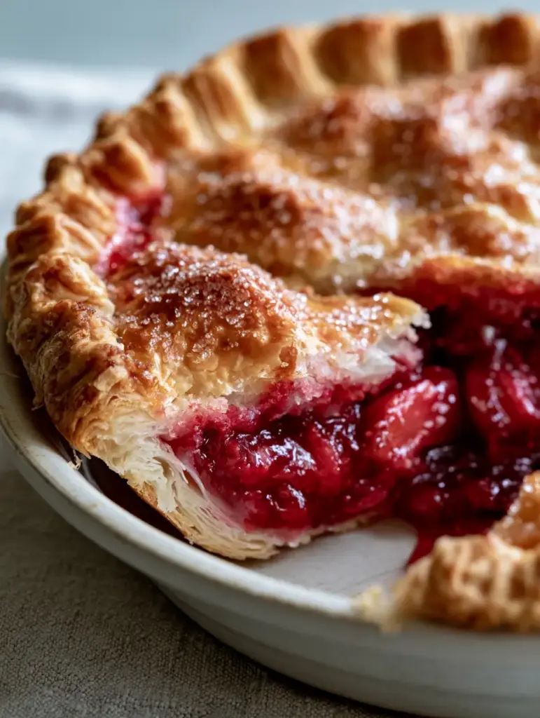 Detailed view of a beautifully sculpted crimped pie crust edge glistening with coarse sugar. (pie recipes)