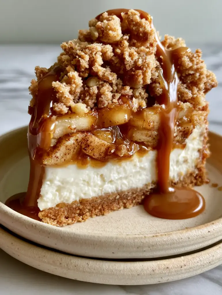 Apple Crumble Cheesecake with Warm Glossy Caramel Drizzle 1 Macro shot of the crunchy brown sugar crumble topping and warm glossy caramel sauce on an apple crumble cheesecake.