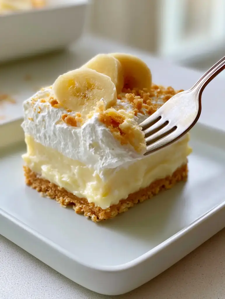 Banana Pudding Lush: The Ultimate Layered No-Bake Dessert 1 Macro view of the creamy pastel-yellow pudding and white whipped cream layers of the Banana Pudding Lush.