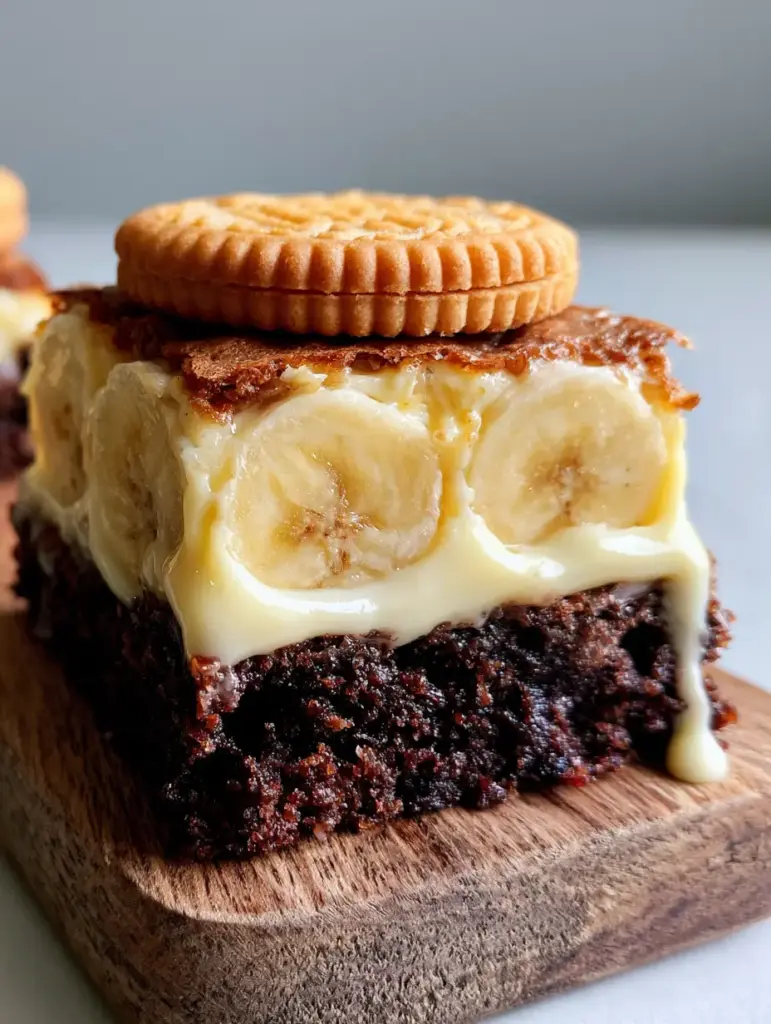 Close up of Banana Pudding Brownies on a rustic wooden board with Chessmen cookies and condensed milk drizzle.