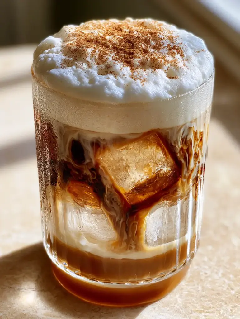 Nespresso Coffee Recipes: The Ultimate Aesthetic Salted Caramel Iced Latte 1 A handheld photo of a caramel iced latte on a stone countertop in morning light.