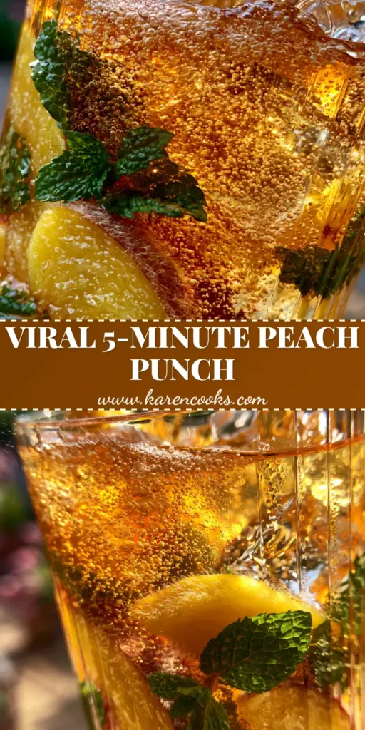 A tall ribbed glass filled with Peach Paradise Punch featuring peach slices, mint sprigs, and square ice cubes against a golden hour background.