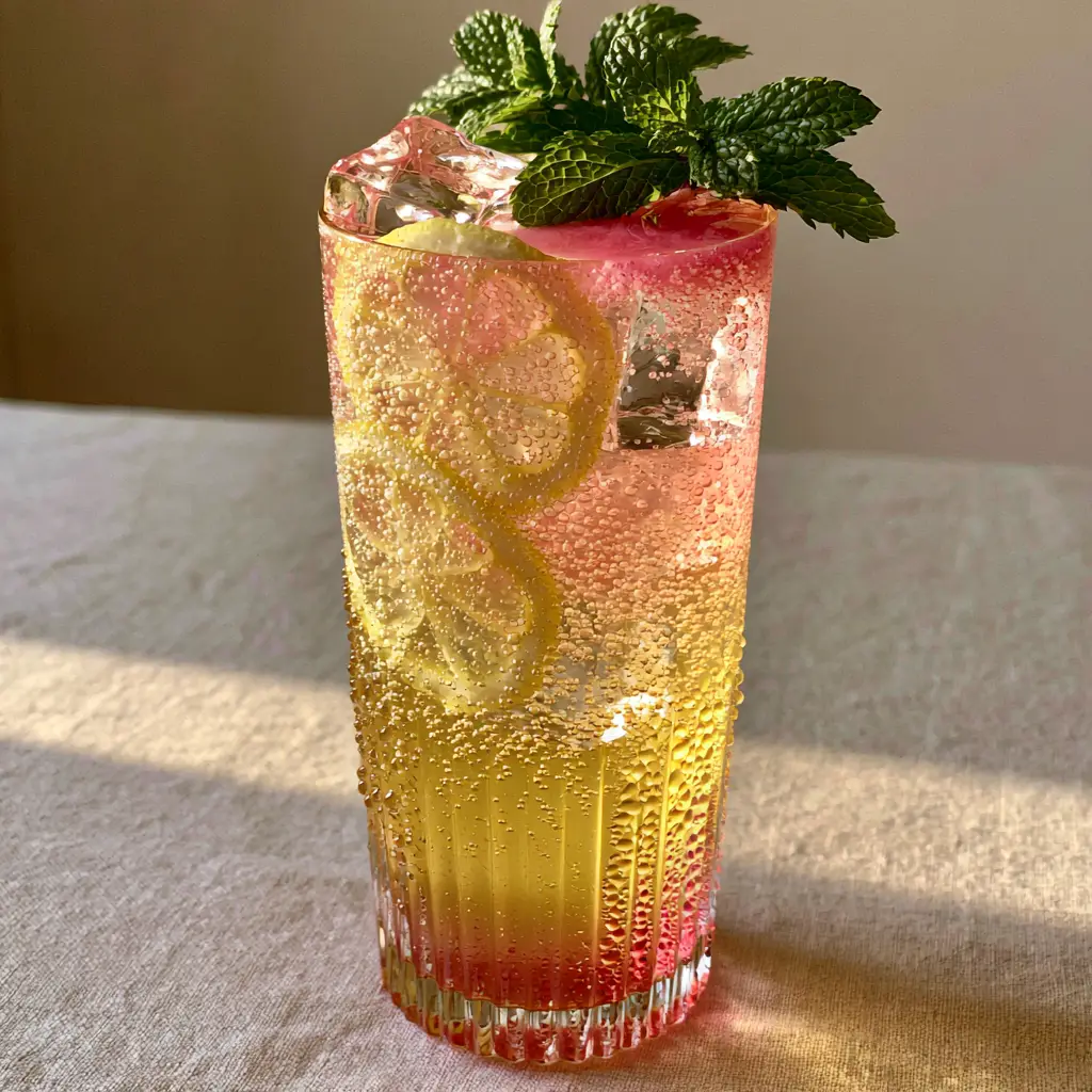 Honey Lemon Pink Soda: The Ultimate Refreshing Ombre Mocktail 2 Close up of effervescent bubbles in a Honey Lemon Pink Soda with translucent lemon wheels.