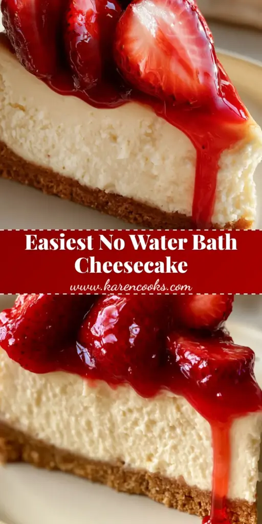 A tall slice of Easy Creamy Cheesecake with a thick graham cracker crust and glossy ruby-red strawberry sauce dripping down the side.