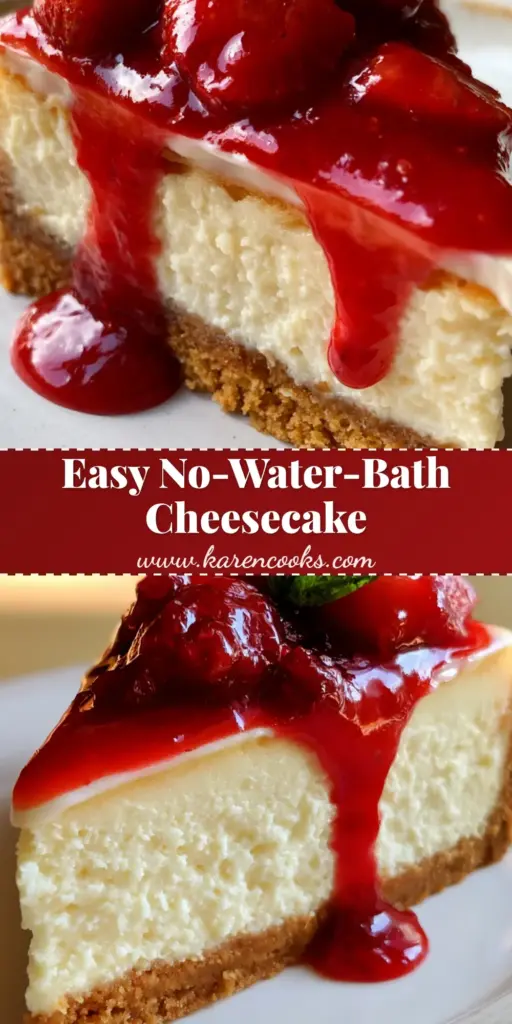 A perfect slice of nana cheesecake with a thick graham cracker crust, velvety filling, glossy glaze, and strawberry compote dripping down the side.