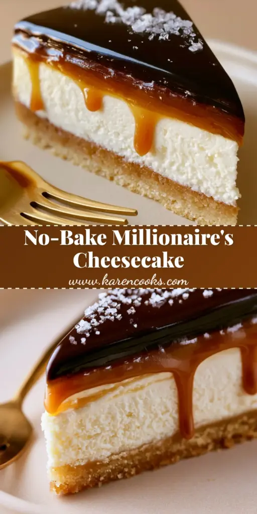 A tall slice of millionaire cheesecake showing layers of shortbread, ivory cream cheese, amber caramel, and dark chocolate ganache with sea salt. (millionaire cheesecake recipe)