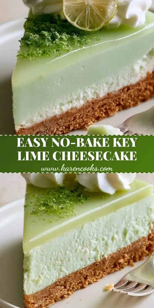 A tall slice of no-bake Key Lime Cheesecake showing three layers: graham cracker crust, pastel-green filling, and glossy lime curd glaze.