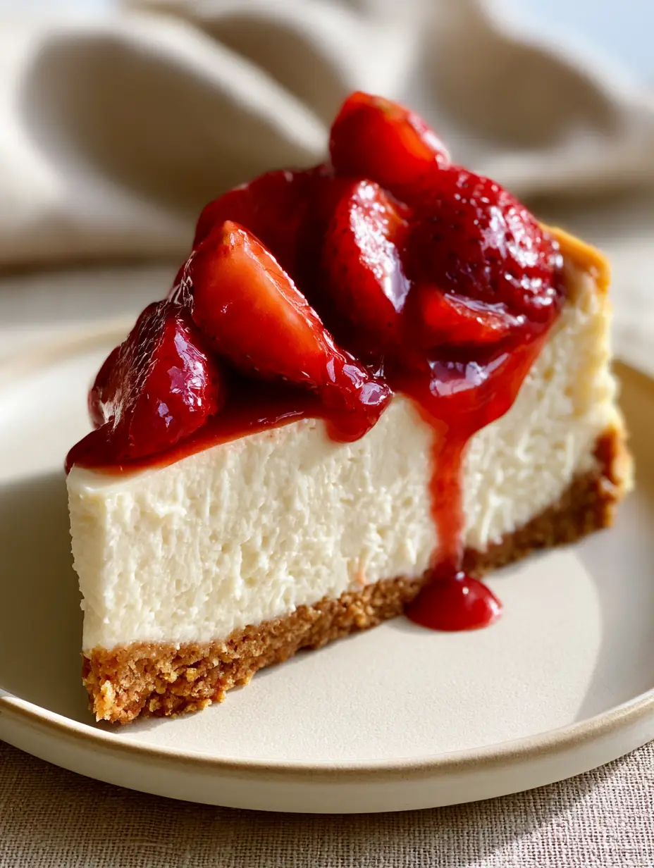 Close-up of a slice of Easy Creamy Cheesecake showing the clean cut edge and dense filling on a minimalist cream plate.