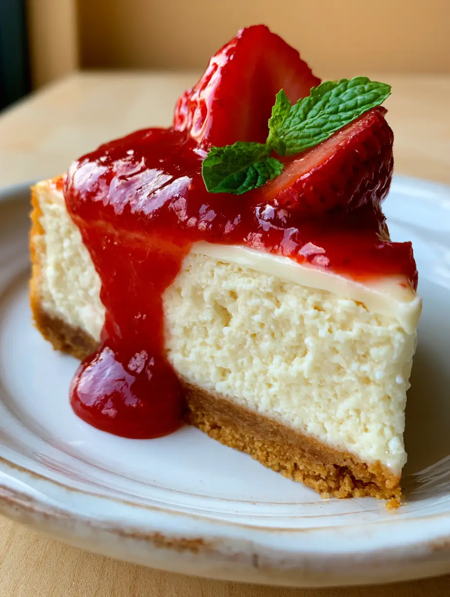 Smartphone photo of nana cheesecake on a rustic ceramic plate showing the dense ivory filling layers.
