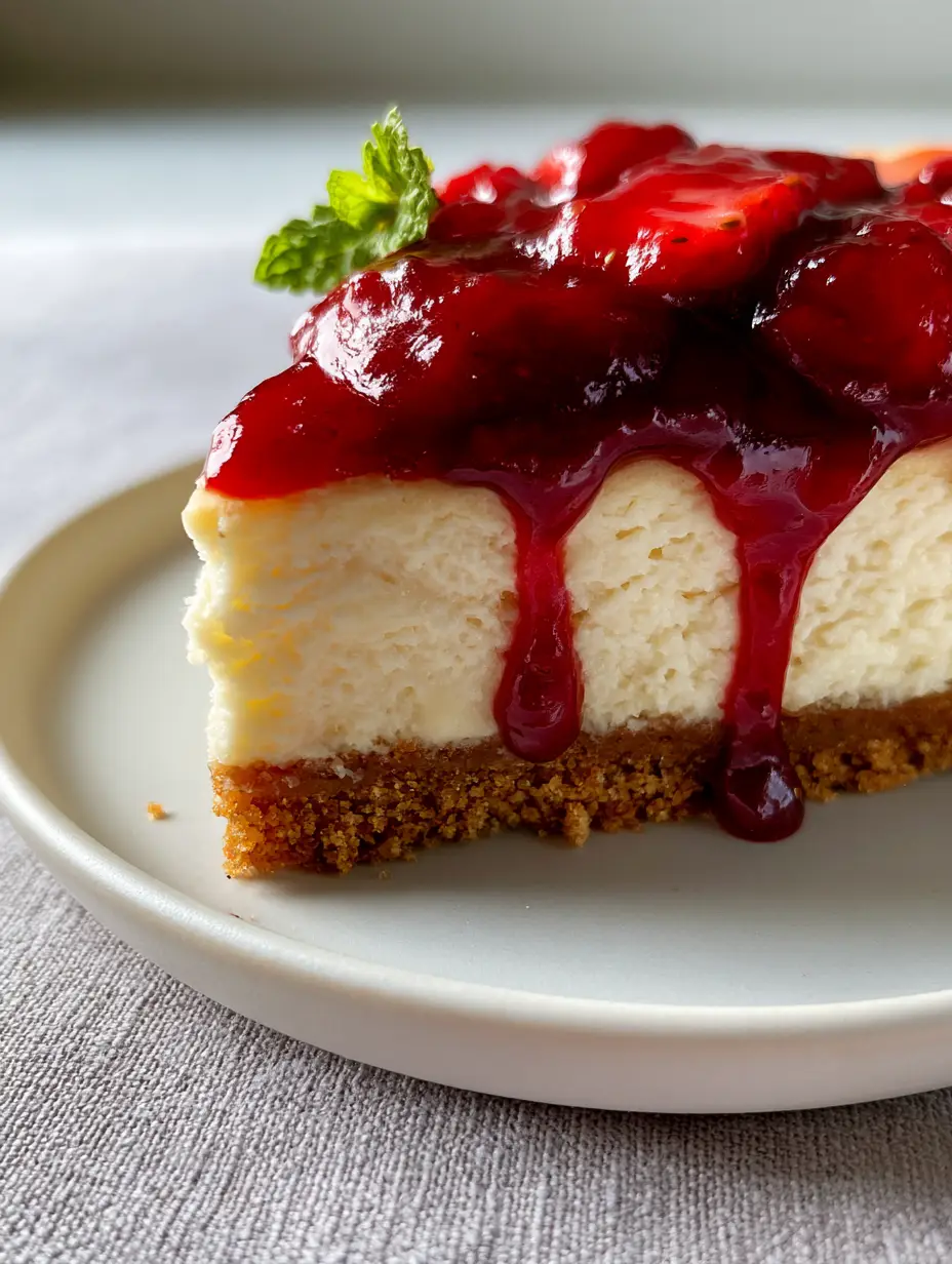 Close-up of a New York style cheesecake slice with a dramatic strawberry drip on a white plate. (classic cheesecake recipe)