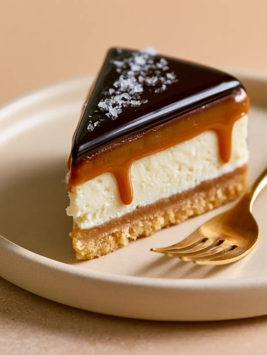 Close-up of a millionaire cheesecake slice with a slow-dripping amber caramel layer and dark chocolate top. (millionaire cheesecake recipe)