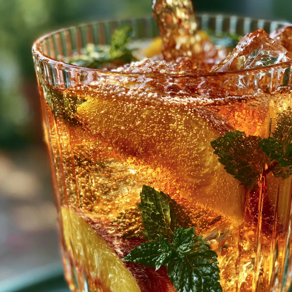 Side view of elegant ribbed glass with condensation droplets and juicy yellow peach slices. (Peach Paradise Punch)