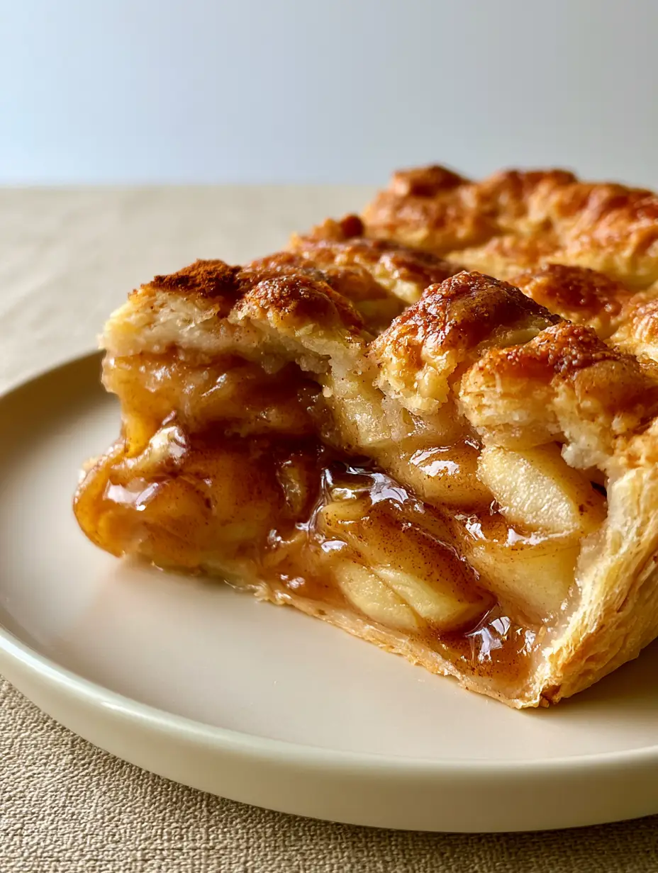 Close-up shot of a single slice of apple pie standing upright showing the thick amber filling. (apple pie recipe)