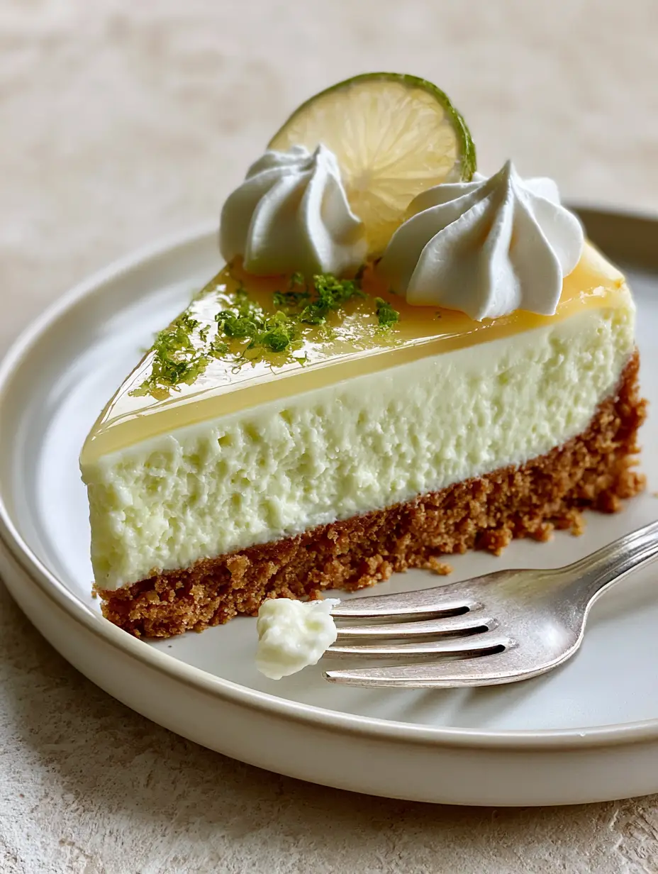 Close-up of a generous slice of Key Lime Cheesecake on a minimalist plate with piped whipped cream and lime zest.