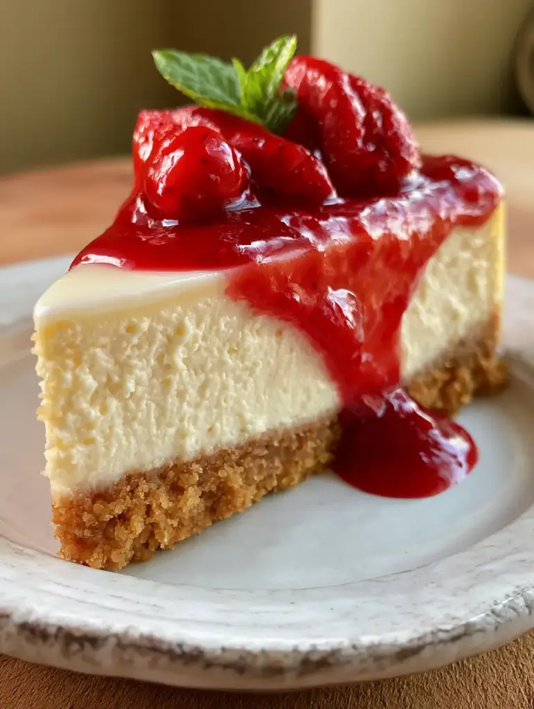 Close up of the glossy sour cream glaze and thick strawberry compote on a nana cheesecake.