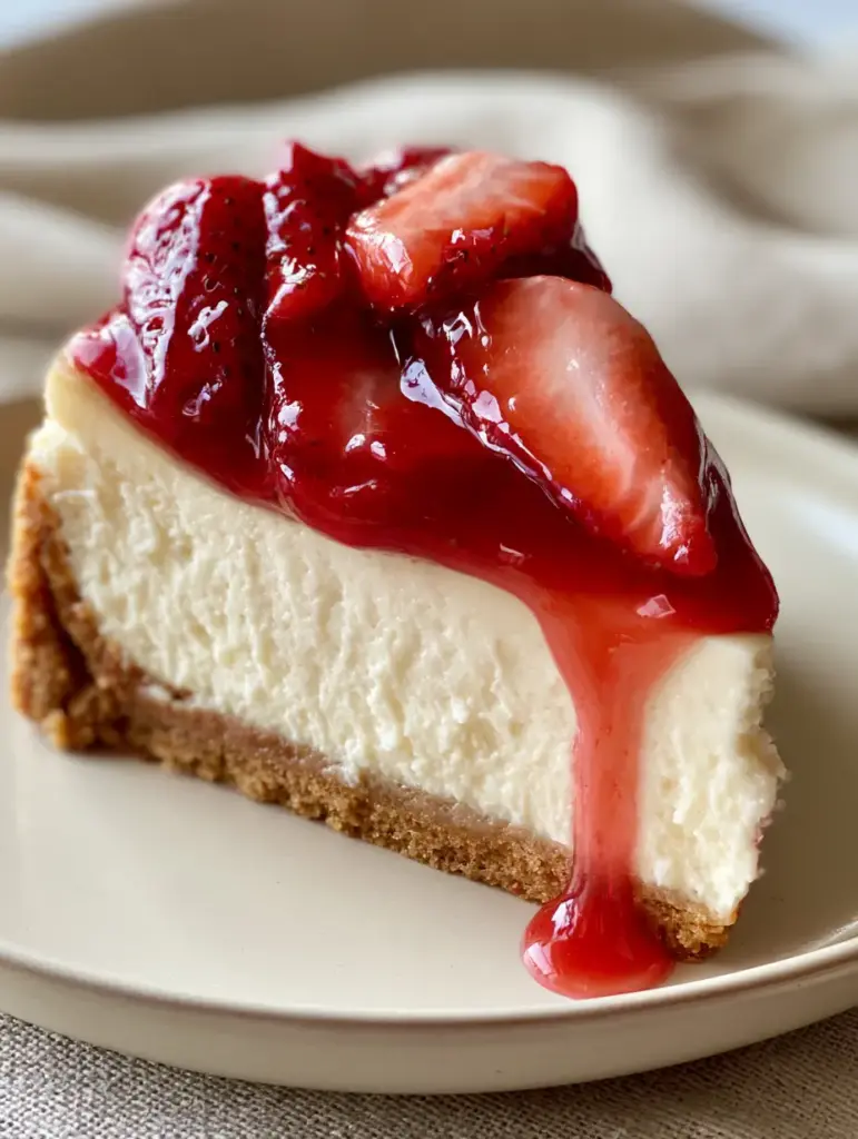 A single slice of Easy Creamy Cheesecake featuring glistening fresh strawberries and a glossy red sauce drip.