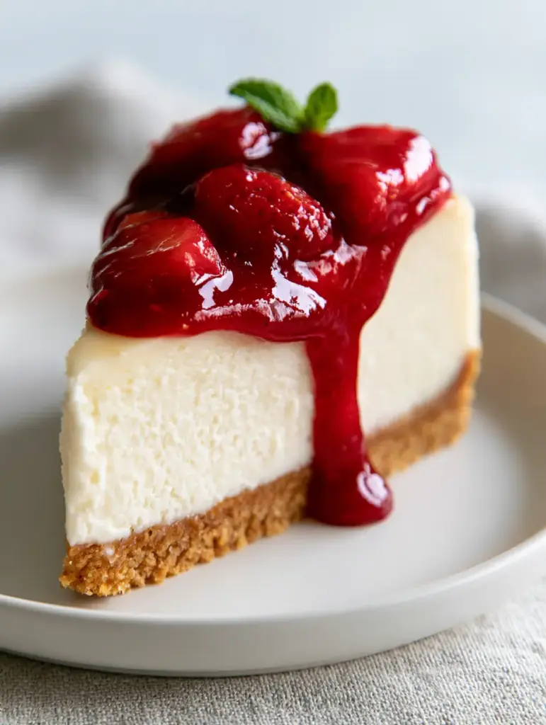 Side view of a cheesecake slice showing the thick graham cracker crust and simmered strawberry halves.